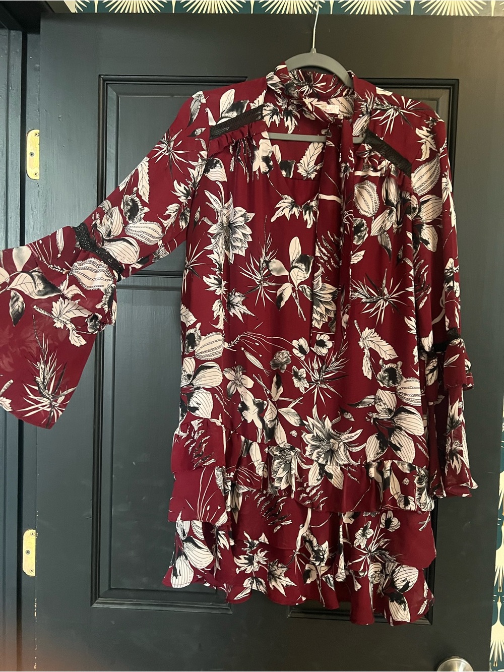 Parker Burgundy Floral Ruffle Long-Sleeve Dress